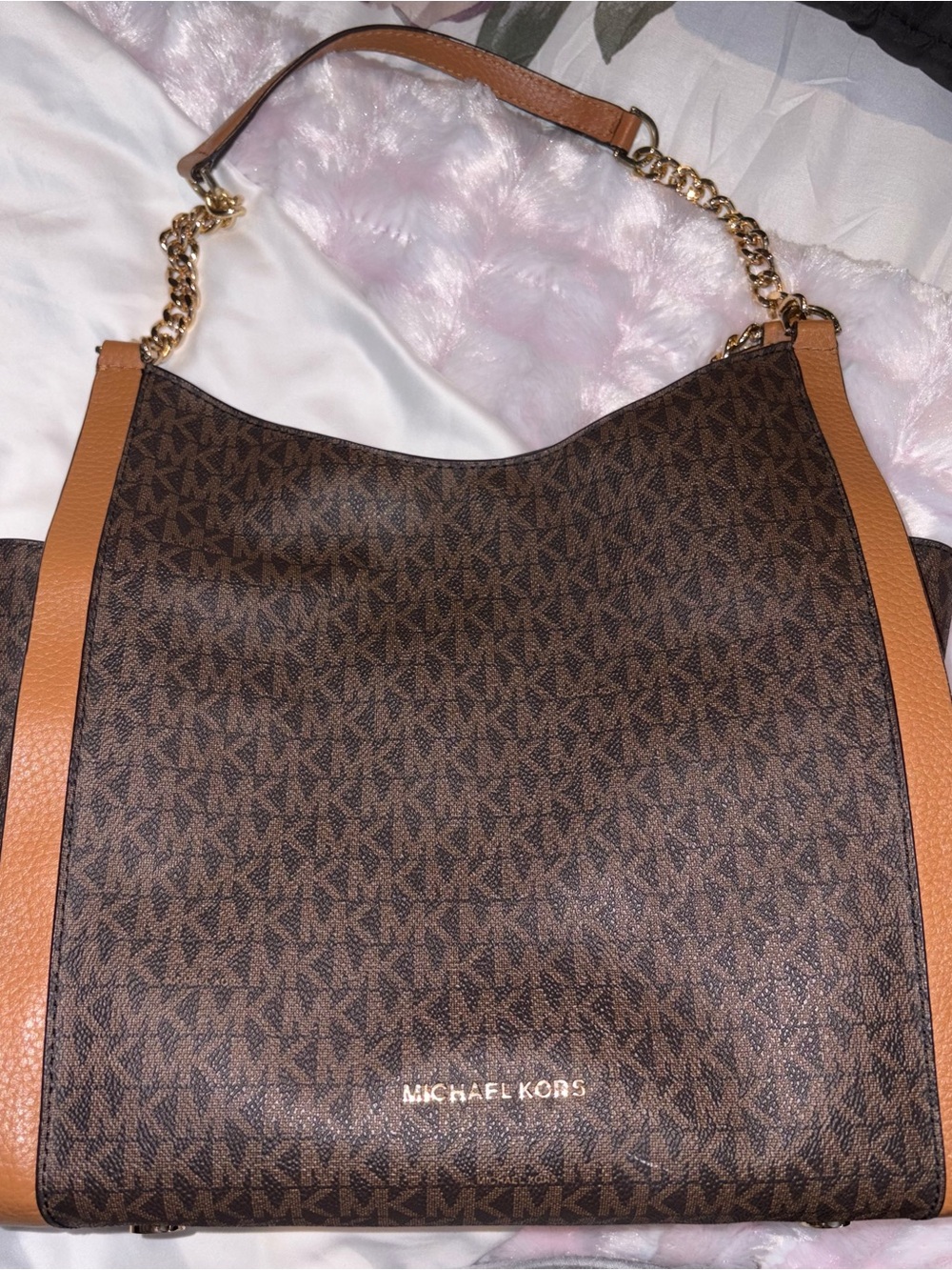 Michael Kors Brown MK Signature Shoulder Bag with Tan Accents